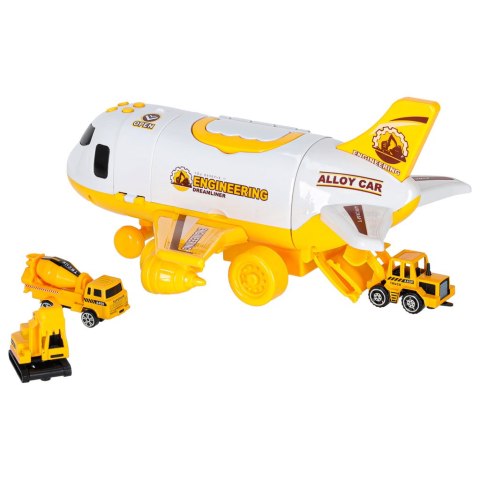 Transporter samolot rozkładany z autami + 3 auta pojazdy budowlane światła dźwięk