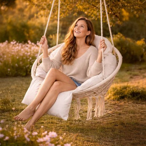 Huśtawka ogrodowa LUARO bocianie gniazdo z poduszką XXL ecru 80cm 150kg