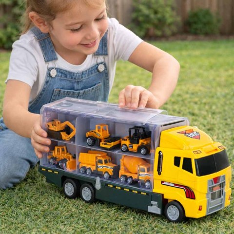 Transporter ciężarówka TIR wyrzutnia + metalowe auta maszyny budowlane