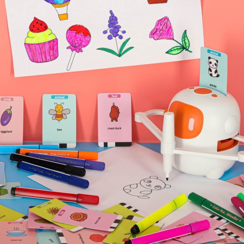 Zabawka interaktywna edukacyjna robot nauka rysowania fiszki mazaki pomarańczowy