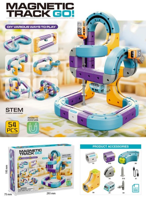 Klocki magnetyczne konstrukcyjne tor wyścigowy auta 54 elementy