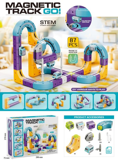 Klocki magnetyczne konstrukcyjne tor wyścigowy auto 87 elementów