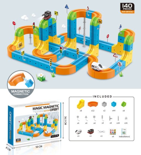 Klocki magnetyczne konstrukcyjne tor wyścigowy pociągi 140 elementów