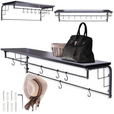 Wieszak Ścienny z Półką Dekoracyjny Czarny z Haczykami Solidny VILDE