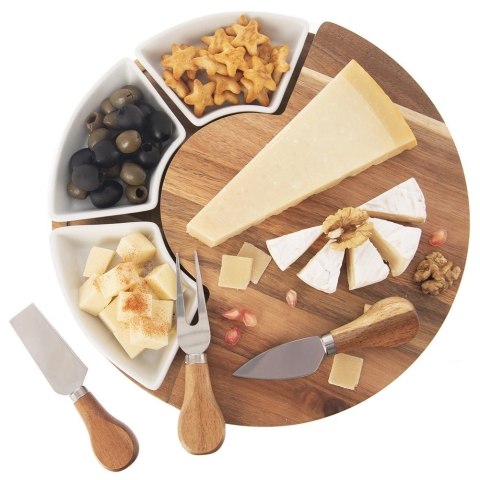Deska do Serów ORION 7 el. z Nożami i Miseczkami Drewniana Zestaw 28 cm